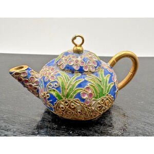 Vintage Small Unique Blue Cloisonne Enamel Tea Pot Pendant or Home Decor